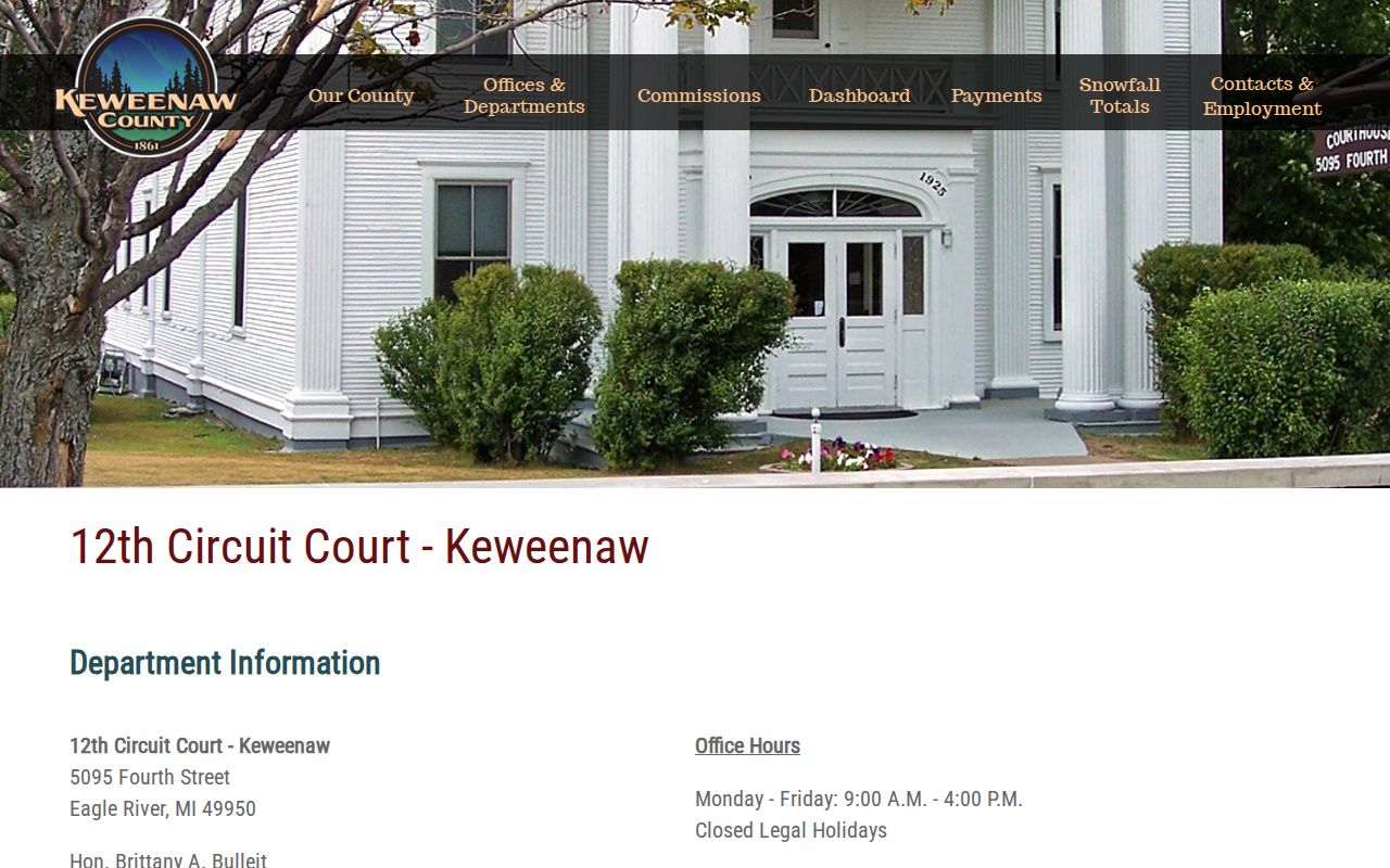 Keweenaw County 72-hour release court record source at the 12th Circuit Court