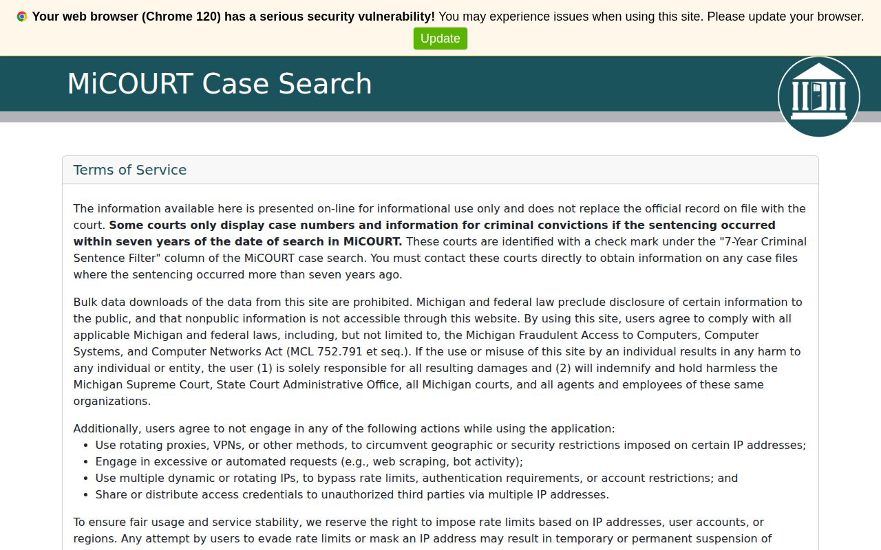 MiCOURT search for Keweenaw County release and court records