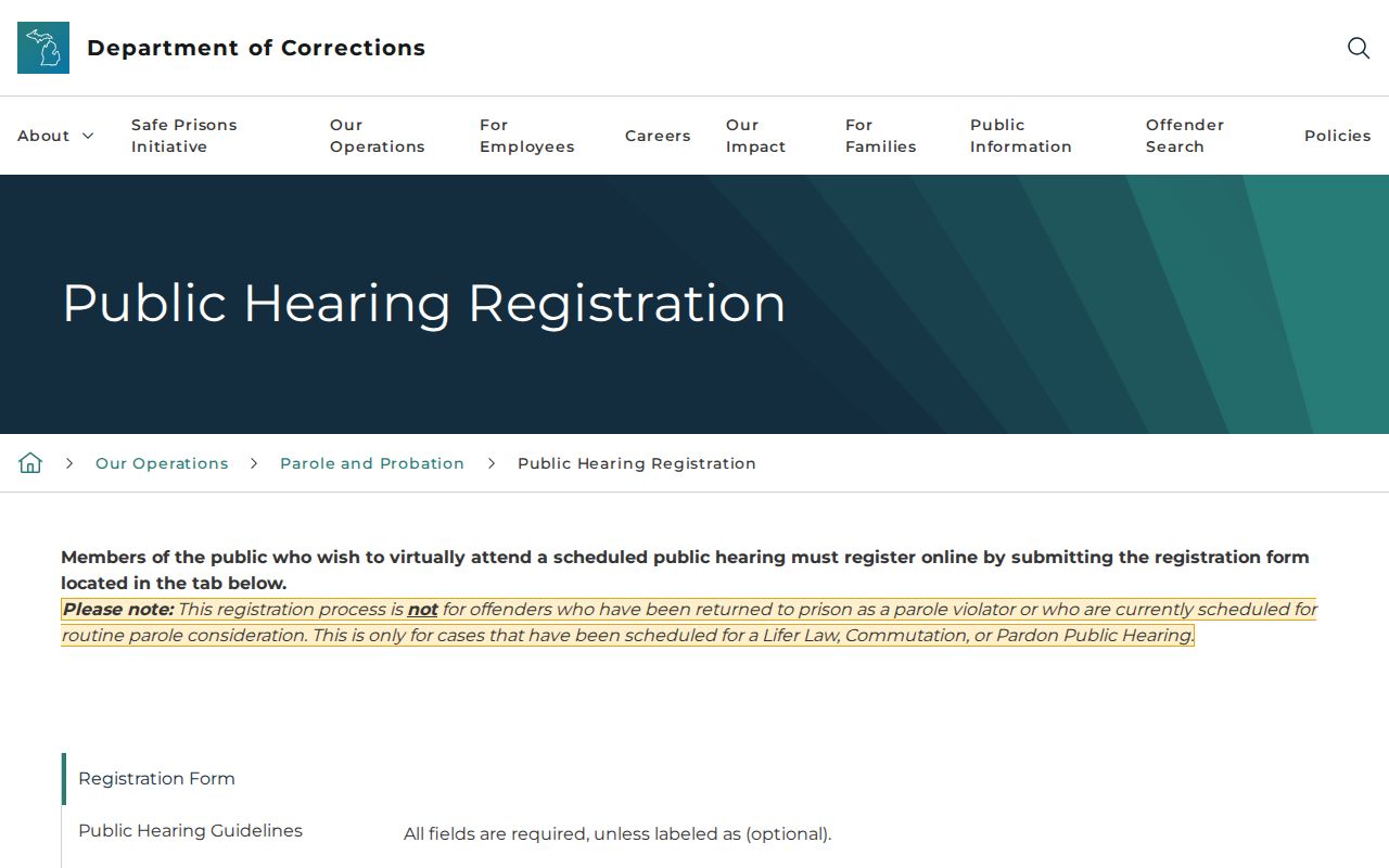 Keweenaw County parole public-hearing notice and registration source