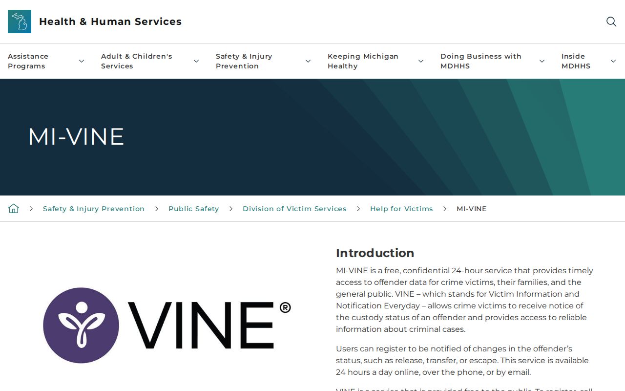 Official MI-VINE custody and Keweenaw County release notification page